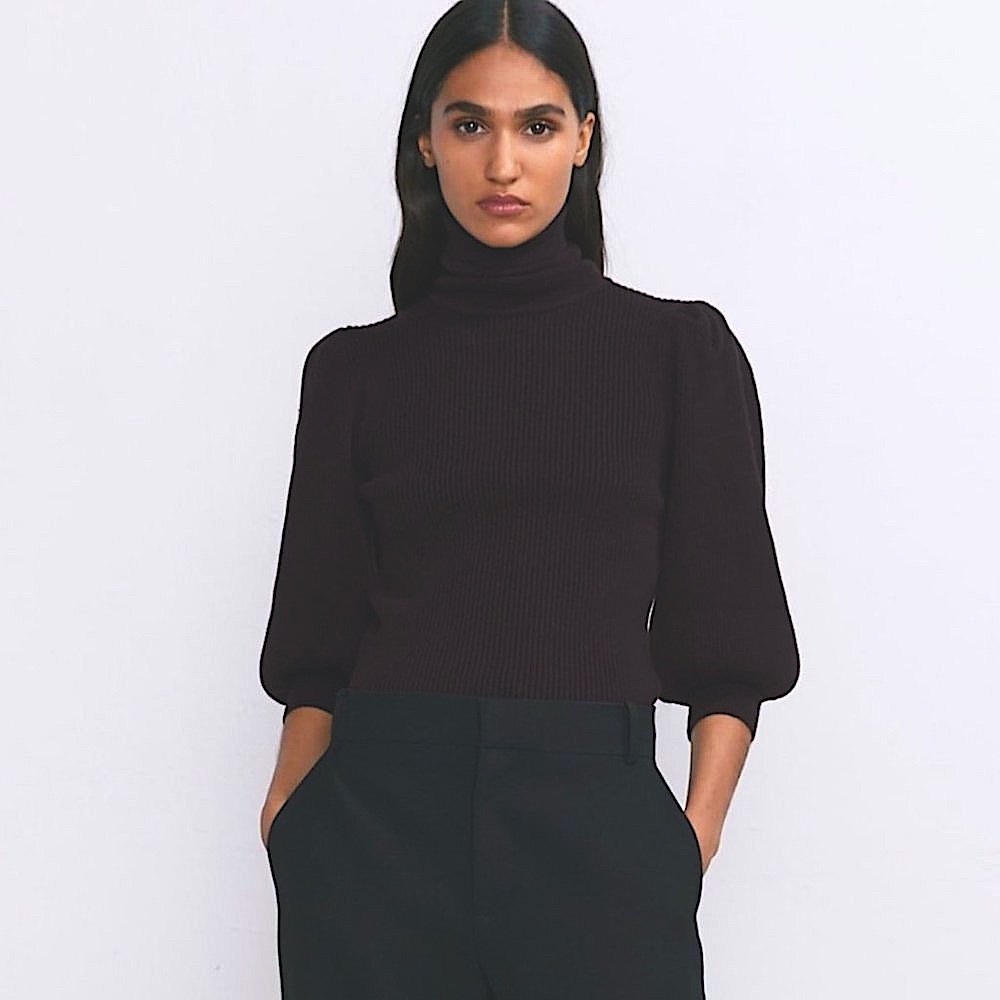 Zara Puff Balloon Sleeve Ribbed Turtleneck Pullover Knit Sweater Size Small